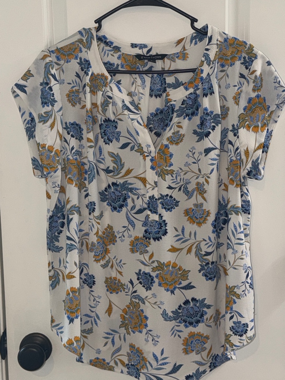 41Hawthorn Floral Blouse, Size XL — Blue & Mustard Print, Split V-Neck Top